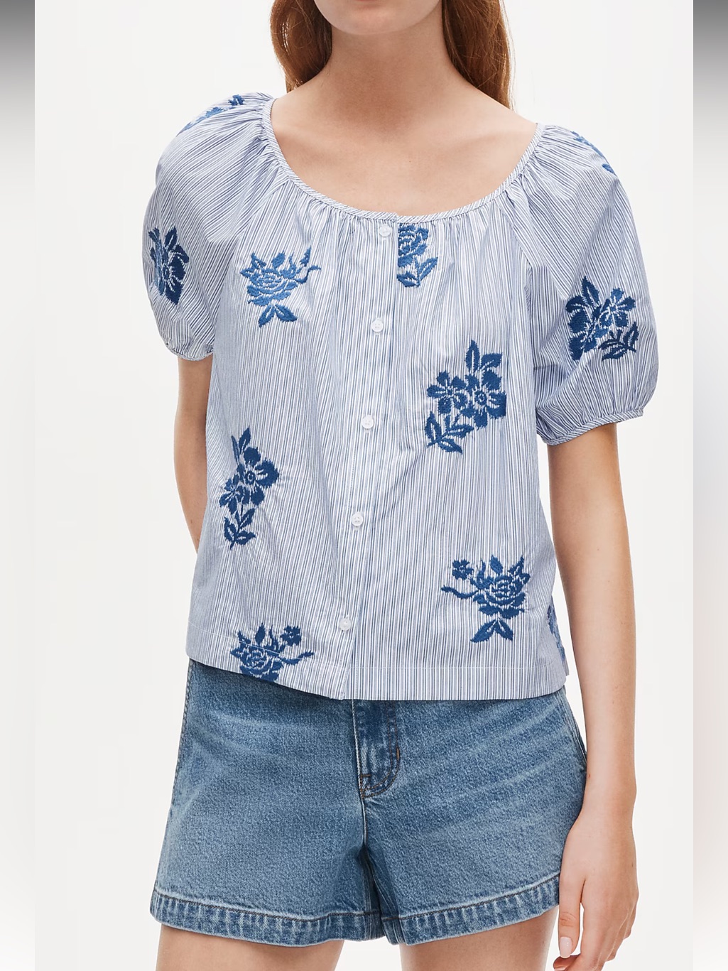 Nwt J Crew Puff-Sleeve Button-Up Top In Embroidered Floral Stripe, Size M